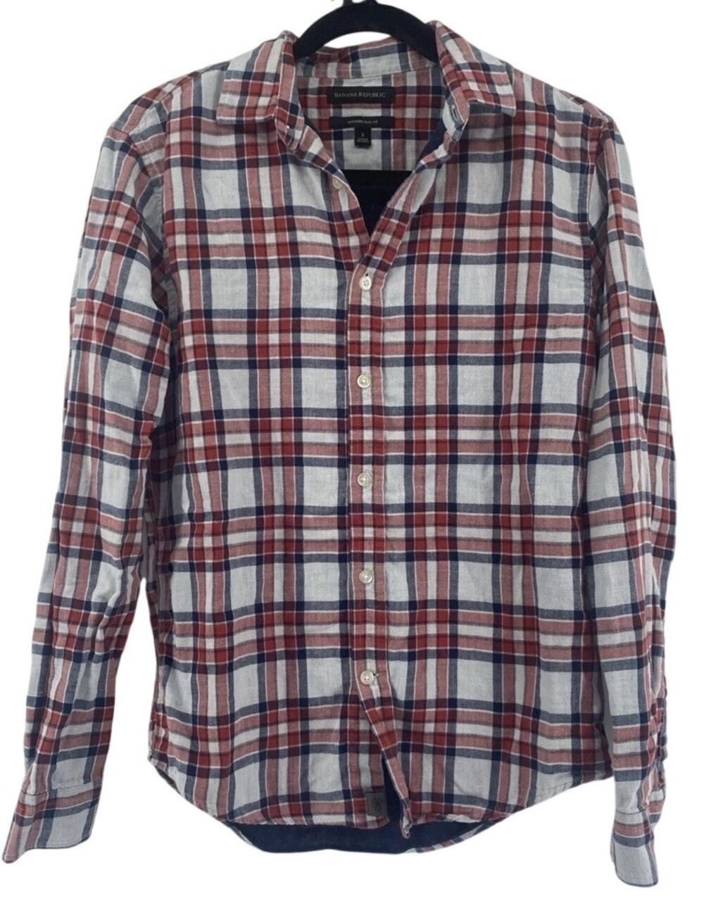 Mens Banana Republic Untucked Slim Fit Button Up Small Plaid Shirt Cotton